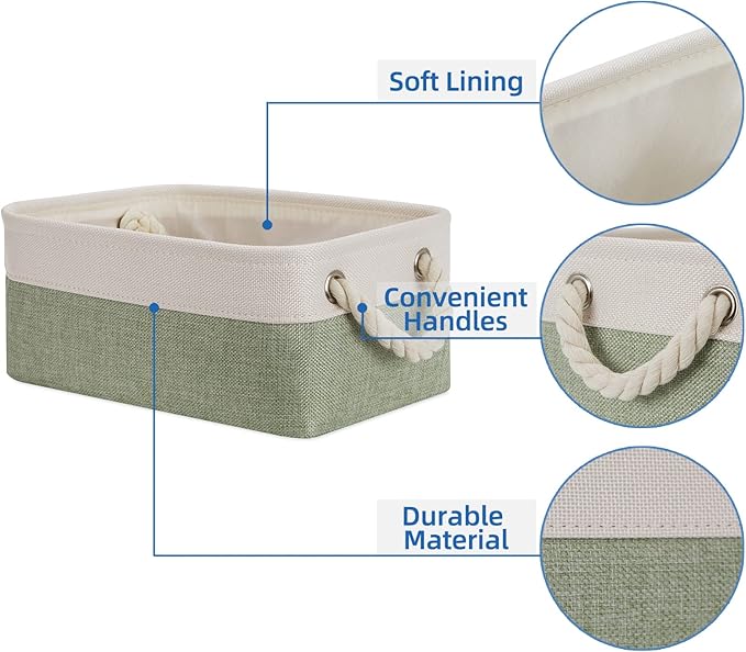 Temary Small Storage Baskets Small Fabric Bins for Closet, 6 Pack Decorative Storage Boxes with Rope Handles for Organizing Clothes, Canvas Storage Basket(White&Green,11.8L x 7.9W x 5.3H inches)