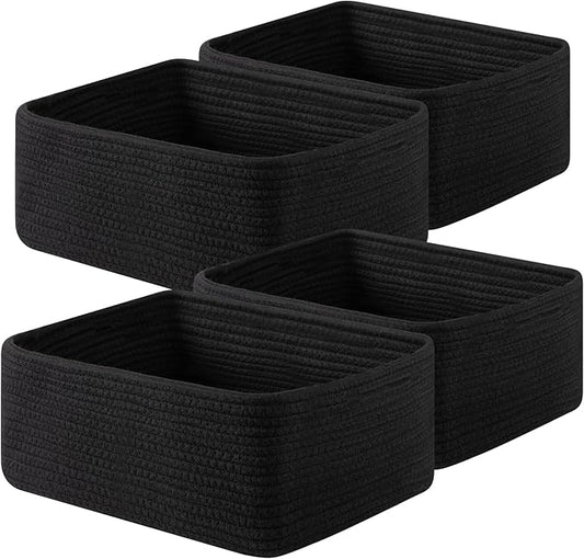 OIAHOMY 4 Pack 14.17 * 11.02 * 6.3IN Storage Baskets for Organizing Shelves, Woven Rope Baskets for Organizing Books, Clothes, Decorative Basket for Living Room, Nursery, Bedroom, Gift Basket, Black
