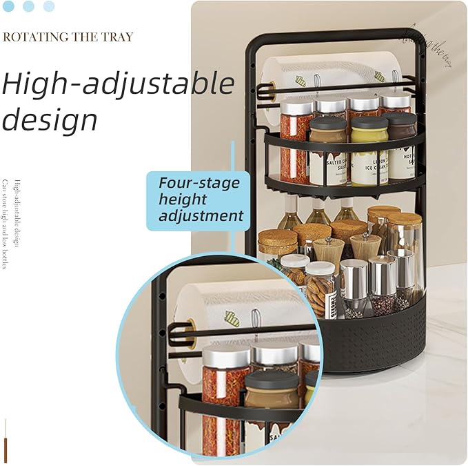 2 Tier Rotating Spice Rack Organizer with Paper Towel Holder, Lazy Susan Turntable Kitchen Organizer for Countertop & Cabinet, Metal Spice Rack for Bottles, Jars, Condiments, Black