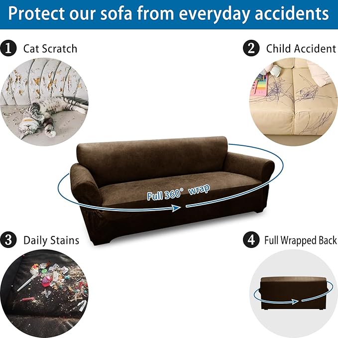 Couch Cover Leather Look 3 Seater Couch Sofa Cover 1-Piece Sofa Slipcover Stretch Furniture Protector with Elastic Bottom & Pockets(Sofa, Dark Brown)