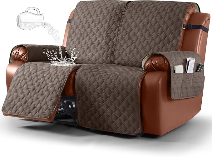 Ruaozz Waterproof Recliner Sofa Covers, 1-Piece Couch Covers for Reclining Couches Reclining Couch Cover Washable Furniture Protector with Elastic Straps Pocket for Kids Pets (Brown, 2 Seater)