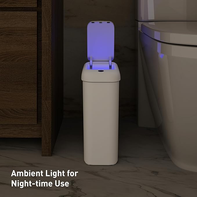 EKO Automatic Bathroom Trash Can with Lid, 2.6 Gallon Slim Touchless Garbage Can, Waterproof Motion Sensor Trash Bin for Bathroom, Office, Kitchen, White