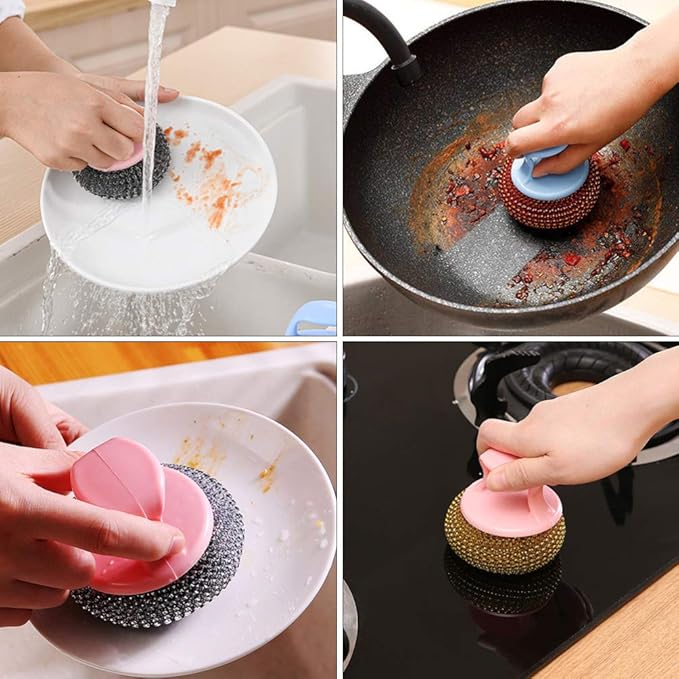 YARNOW 10pcs Stainless Steel Scrubber Metal Sponge Steel Scouring Pad Wire Pot Brush with Handle Kitchen Cleaning Brush for Home Dish Pot Coffee Maker Bowl