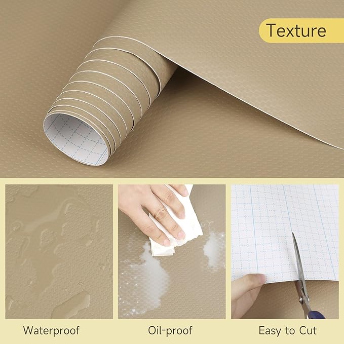 WochiTV Adhesive Shelf Liner 17.5 X 120 Inches Peel and Stick Kitchen Liner for Cabinets, Drawers Removable Protector Mat Waterproof Contact Covering for Dresser Pantry Countertops Shelves, Khaki