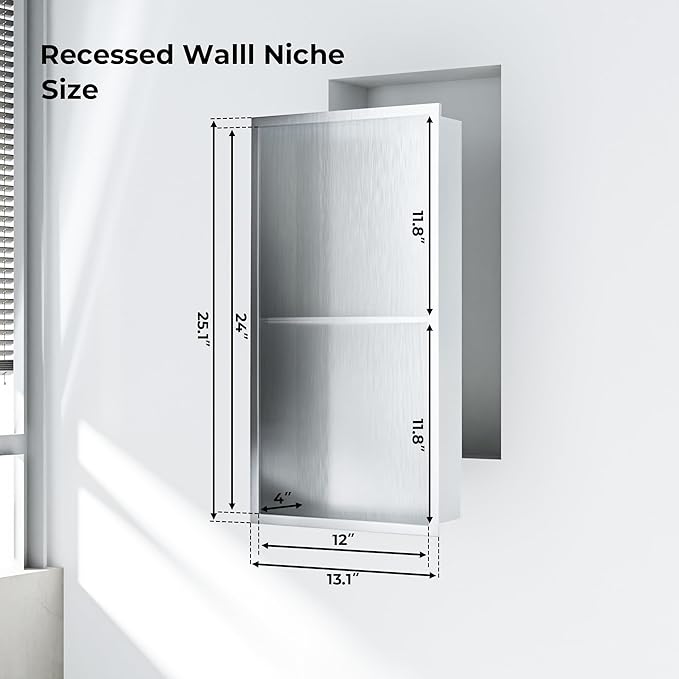 Stainless Steel Shower Niche, Recessed Bathroom Shelf with Rustproof Finish, Built-in Wall Shower Shelf Organizer for Shampoo & Toiletries, Easy DIY Installation (Multiple Size Options)
