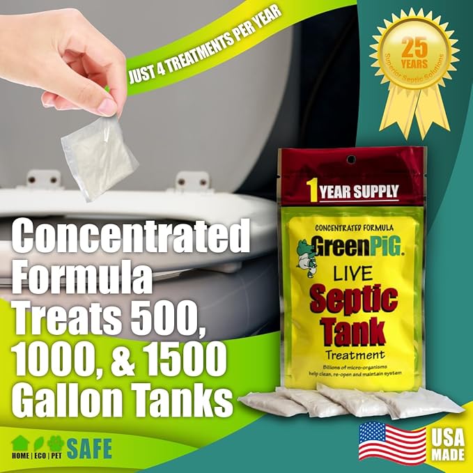 Green Pig Septic Tank Treatment Packets – Septic-Safe Enzyme Treatment for Preventative Maintenance, Helps Prevent Clogs & Odors, 1-Year Supply (4 Packets)