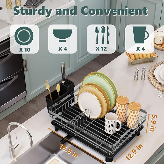 Iron Dish Drying Rack with Drainboard Dish Drainers for Kitchen Counter Extendable Spout Strainers with Utensil Holder and Knife Slots, Grey