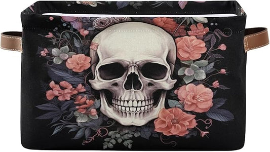 Halloween Basket Black Rose Skull Baskets with Handles Collapsible Organizer Box Shelf Storage Baskets for Holiday Home Decor 2PCS