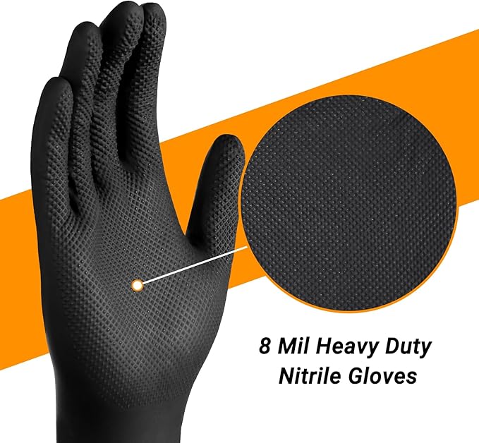 8 Mil Thick XL Nitrile Gloves for Men & Women, Latex Free Chemical Resistant Disposable Heavy Duty Work Gloves for Men & Women Cooking, Cleaning, Camping Essentials, Black