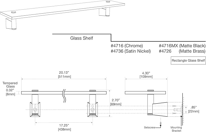 Gatco 4736 Bleu Glass Shelf, Satin Nickel/Wall Mounted 20.13" X 4.3" Tempered Glass/Floating Rectangle Glass Shelf for Bathroom