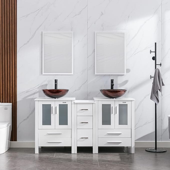 eclife 60" Modern Bathroom Vanity Sink Combo Freestanding Cabinet with Small Side Cabinet, Brown Round Glass Vessel Sink, Water Save Faucet, Drain (White+A09)