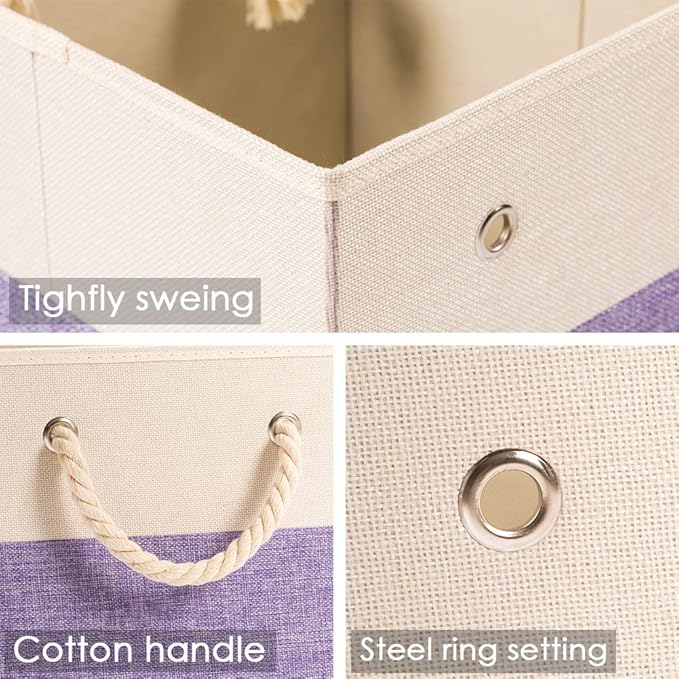 PRANDOM Large Foldable Cube Storage Bins 11x11 inch [2-Pack] Fabric Linen Storage Baskets Cubes Drawer with Cotton Handles Organizer for Shelves Nursery Closet Bedroom Purple