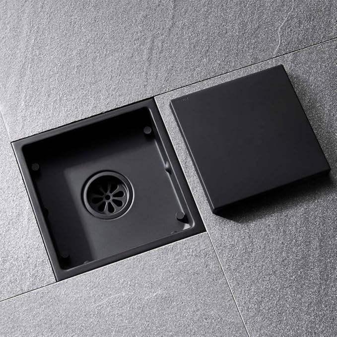 ELLO&ALLO 6 Inch Square Shower Drain Black Floor Drain with Flange Reversible 2-in-1 Cover Tile Insert Grate Removable SUS304 Stainless Steel Matte Black
