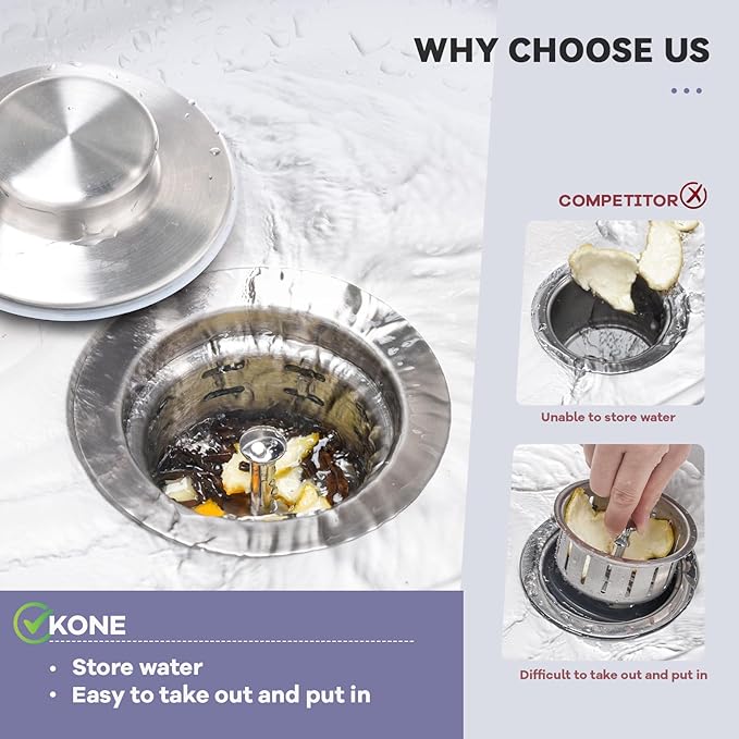 KONE Extended Garbage Disposal Flange with Strainer and Stopper, Deep 304 Stainless Steel Kitchen Extended Sink Flange for 3-1/2 Inch Standard Sink Drain, Convenient for Water Storage and Drainage