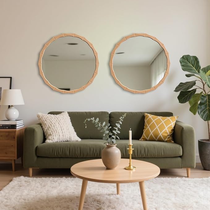 24" Circle Scalloped Mirror,Round Wavy Edge Wall Mirror for Bathroom,Nature Farmhouse Vanity Mirror with Bamboo Framed Hanging Leaning for Bedroom Living Room Entryway