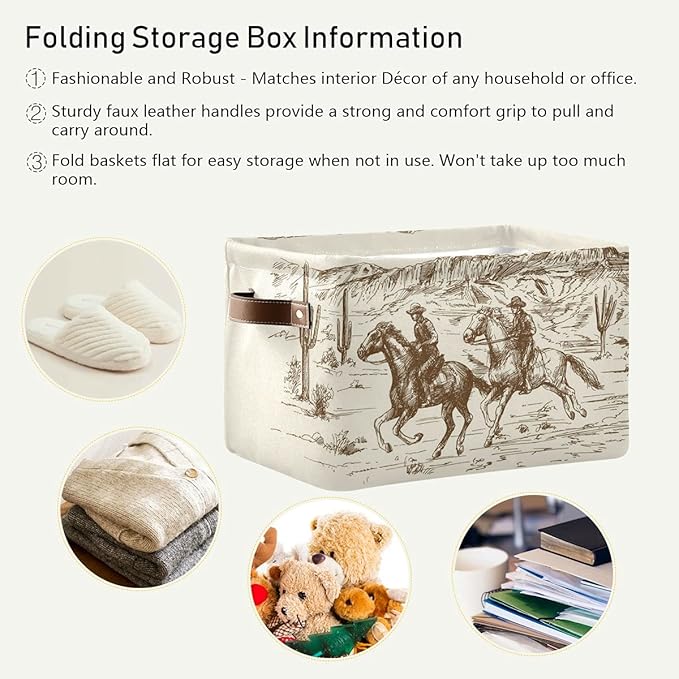 Storage Basket Western Desert Cowboy Storage Bin Cube with Handles Foldable Storage Baskets for Shelves Living Room Home Decor 2PCS