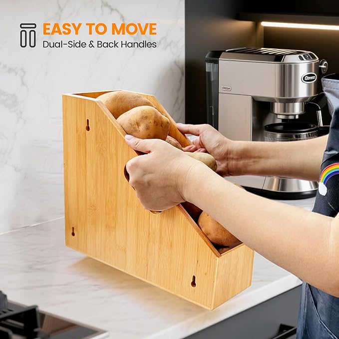 Slim Bamboo Cutting Board Holder & Baking Sheet Organizer, Open-Front Pan & Lid Rack with Handles, Countertop or No-Drill Wall Mount, Kitchen Cabinet & Pantry Organizer