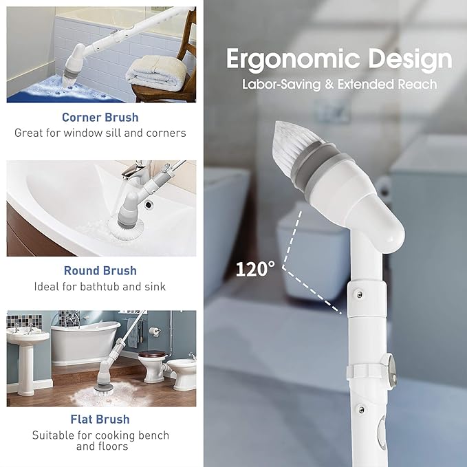 FRUITEAM Electric Spin Scrubber Cordless Super Power Scrubber, Upgraded Tub and Tile Scrubber, Surface Cleaner with 3 Replaceable Brush Heads and 1 Extension Arm for Bathroom/Kitchen/Tub/Tile