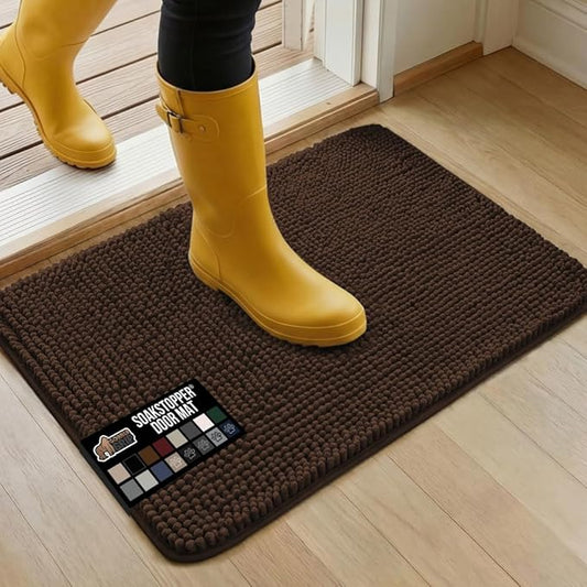 GORILLA GRIP SoakSTOPPER Dog Door Mat, Machine Washable Rug Absorbent Doormat Captures Moisture Mud Dirt, Quick Dry Soft Chenille Entryway Rugs Indoor Entrance Mats for Dog Paws, 24x17 Brown