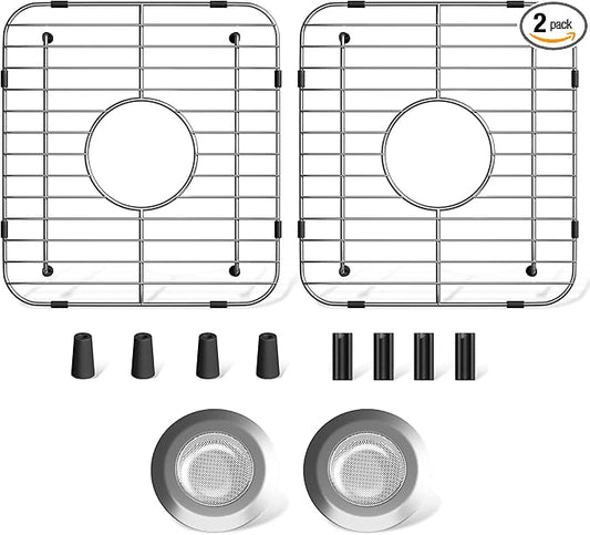 2Pack Sink Protectors for Kitchen Sink 13" x 11-5/8", 304 Stainless Steel for Kitchen Sink Grate With Center Drain, Sink Grate Sink Rack for Bottom of Sink with 2Pack Sink Strainers