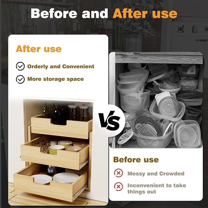 Pull Out Cabinet Organizer, 26''W×21''D Sliding Drawers for Cabinets, 3 Tier Soft Close Slide Out Wooden Pull out Drawers, Base Cabinet Organization for Kitchen, Pantry, Bathroom
