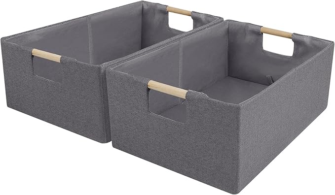 ANMINY 4PCS Storage Baskets for Organizing Collapsible Fabric Storage Bins Boxes with Wood Handles Closet Shelves Cube Organizer Bins Clothes Laundry Storage Container - Small, Gray