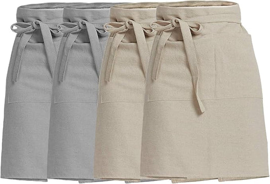 Cityelf Linen Server Apron Cotton Bistro Half Apron with Large Pockets Waist Kitchen Apron for Cooking Waitress