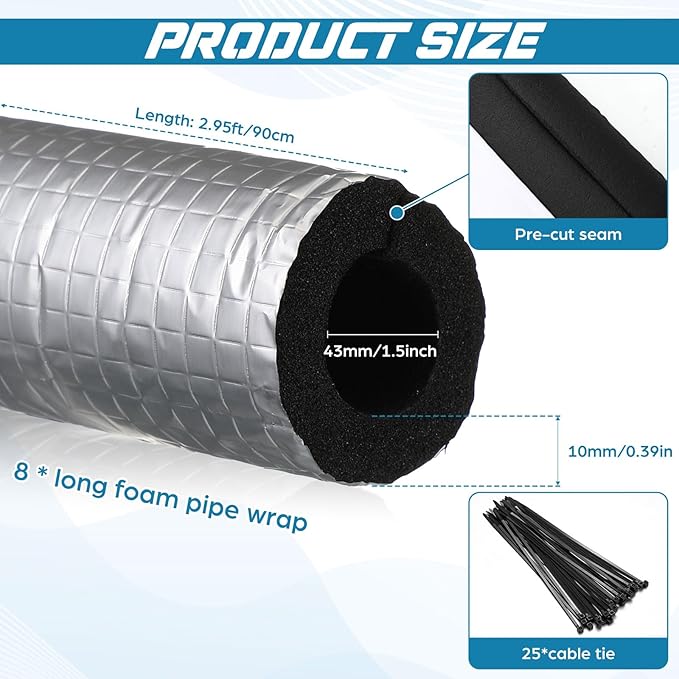 Tondiamo 8 Pcs 3 ft Pipe Insulation Foam Tube Self Adhesive Insulation Foam Wrap with Aluminum Foil Tape Water Tubing Cover for Outdoor Winter Irrigation, Spigot, Sprinkler Protection(1.5 Inch)
