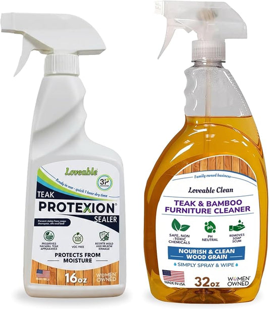 EcoDecors Loveable 32 oz Spray Bottle Teak Cleaner and Loveable Protection 16 oz Teak Sealer