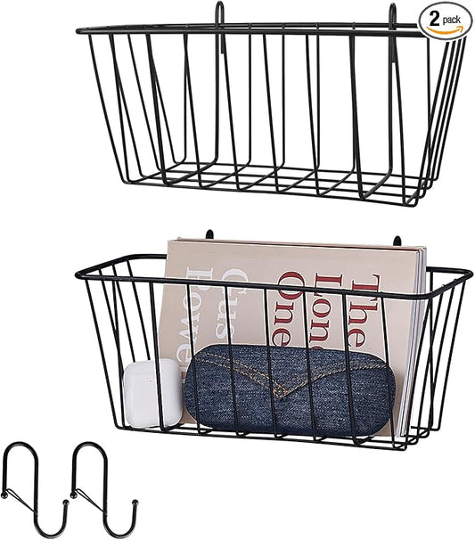 2 Pack Large Grid Wall Baskets with S-Hook - Gridwall Accessories Set Black Metal Hanging Shelf Basket Bins Organizer - Modular Storage Holders for Photo Display Panel Shelving Caddy for Garage