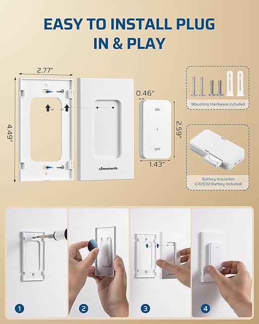 DEWENWILS Remote Control Outlet with Magnetic Base, 100 FT RF Signal Wireless Outlet, Wireless Light Switch, 15A/1875W Remote Outlet Switch for Lamps, Fans, Household Appliance