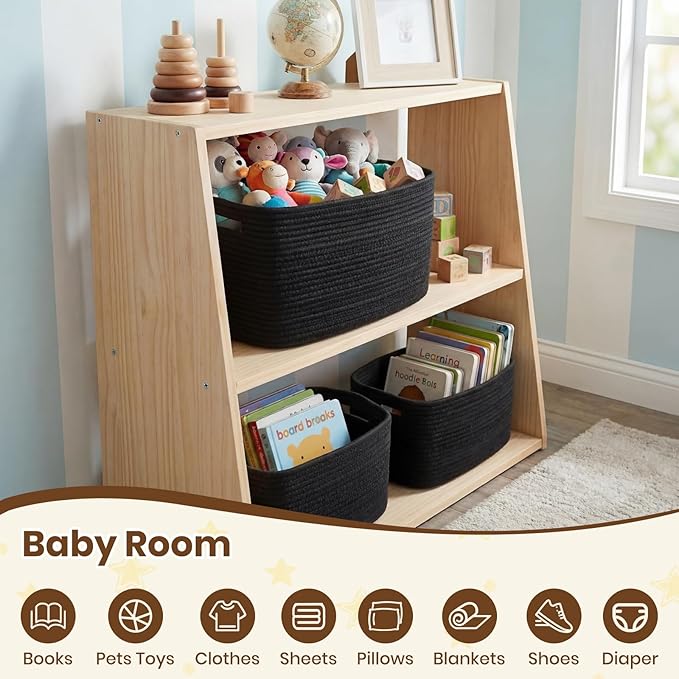 Storage Baskets for Organizing, 14 x 10 x 9” Closet Shelf Woven Baskets, Square Bins with Handles, Cotton Rope Basket for Toys, Clothes, Office, Room, Black 1pack