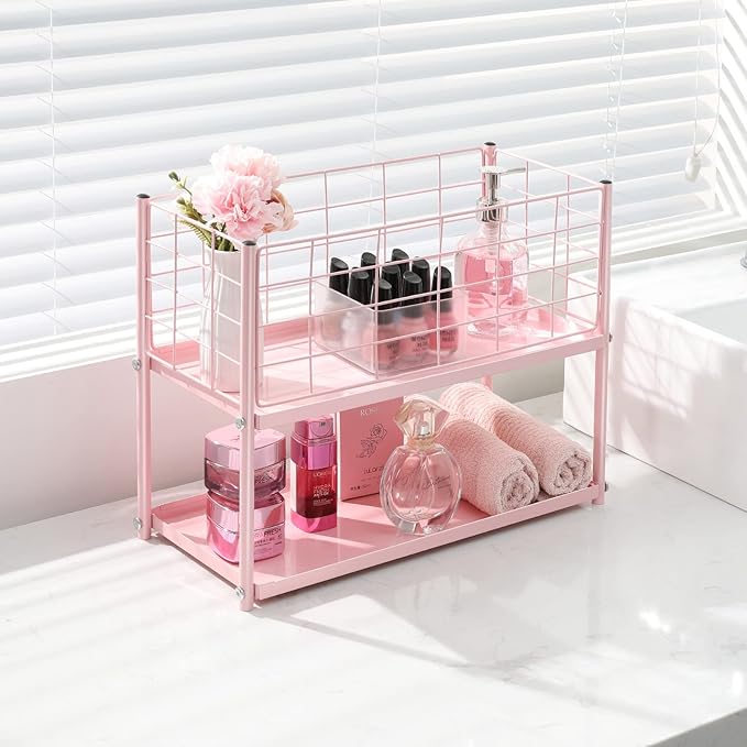 KINGRACK Slim Storage Cart, 4-Tier Metal Utility Rolling Cart with Wheels,Bathroom Organizer, Skinny Rolling Trolley, Mobile Shelving Unit for Office, Laundry Room, Narrow Place,Pink