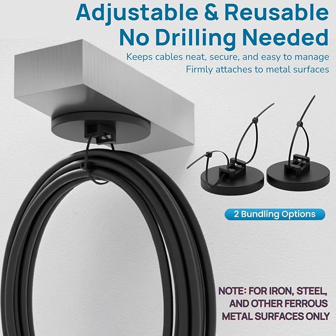 Magnetic Zip Tie Mount Set, 25 Magnetic Cable Tie Mounts with 200 Cable Ties, Strong Wire Management Cables Holder, Multipurpose Electrical Cord Management Cord Holders Organizer (43mm)