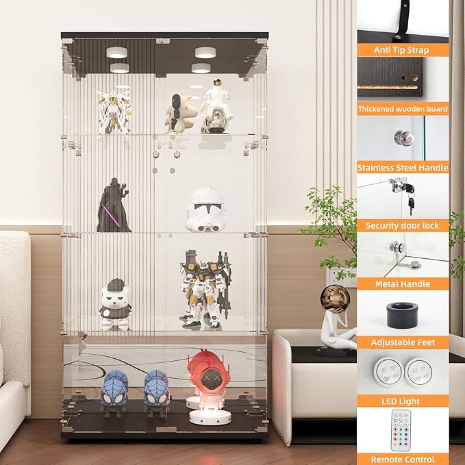 LFT HUIMEI2Y Glass Display Cabinet 4-Shelf with Light,Mirror and Lock, 2 Door Curio Cabinets, 5mm Tempered Glass Floor Standing Bookshelf for Bedroom, Living Room, Black