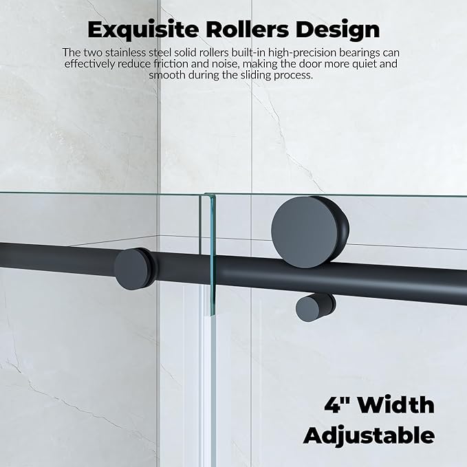 Frameless Bathtub Shower Door 56–60 Inch W × 59 Inch H, Sliding Tub Door with Fixed Panel, 8mm Coated Tempered Glass, Stainless Steel Round Rail, Matte Black