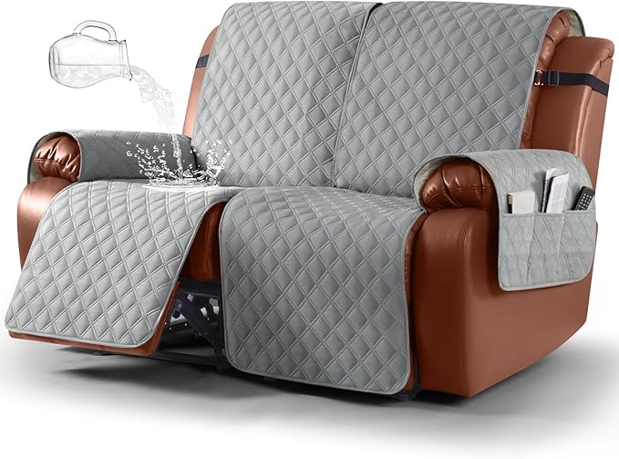 Ruaozz Waterproof Recliner Sofa Covers, 1-Piece Couch Covers for Reclining Couches Reclining Couch Cover Washable Furniture Protector with Elastic Straps Pocket for Kids Pets (Light Grey, 2 Seater)