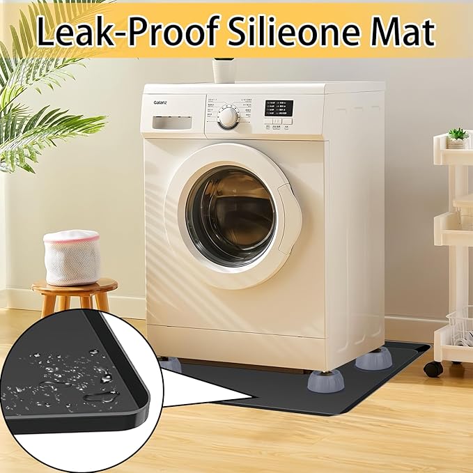 Large Washing Machine Drain Pan 33"x30" with 4 Anti-Vibration Foot Pads – Washer Tray,Non-Slip, Waterproof, Laundry Appliance Floor protection Set –Noise Reduction Leak Prevention -Soft Silicone Mat