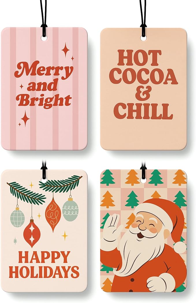 Boho Christmas Car Air Freshener 4 Pcs, Merry and Bright Santa Claus Xmas Holiday Hanging Air Freshener for Cars Closet Drawer Books, Christmas Car Accessories Mirror Decor for Women Girls