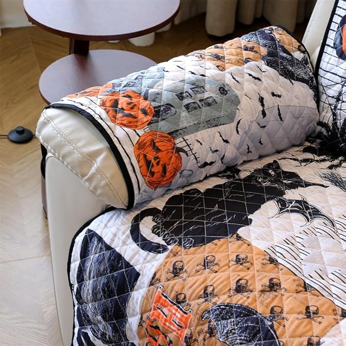 Cmfshape Halloween Skidproof Sofa Cover-Festival Sofa Slipcover with Elastic Straps-Easy Fit Slip Cover-Patchwork Washable Furniture Protector for Pets and Kids(Loveseat,Black&Orange)