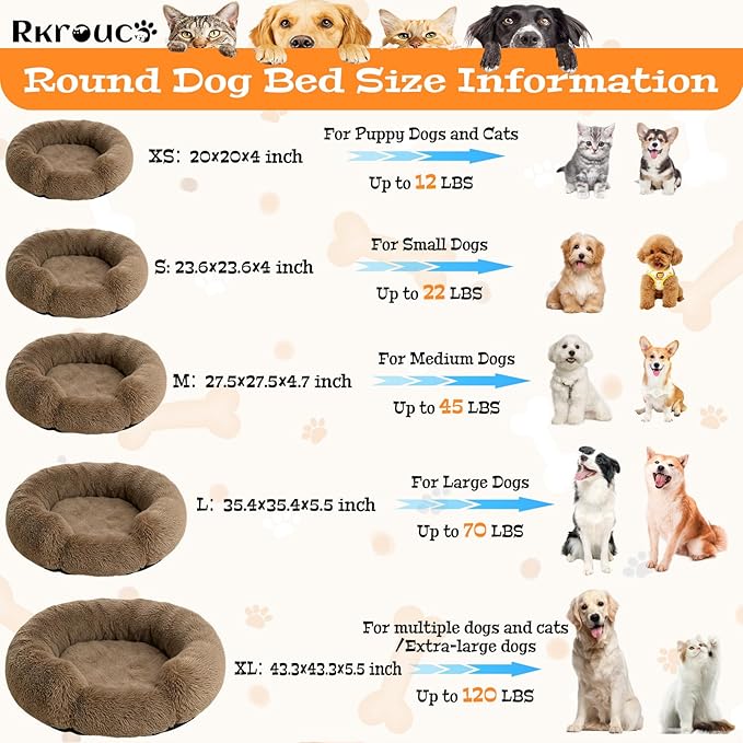Fluffy Dog Bed Calming Donut Beds for Large Dogs Warming Round Small Medium Pet Nest Cozy Cat Mattress Indoor Washable Puppy Kennel Kittens Sleep Mat (XS, 20×20 inch, Light Brown)