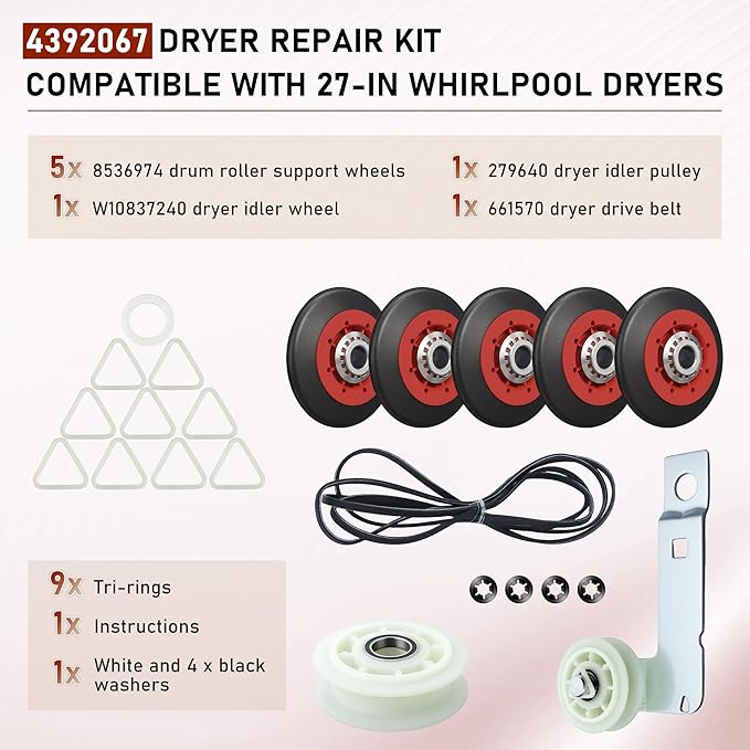 [Upgraded 5-Wheel] 4392067 Dryer Repair Kit & W10837240 Dryer Idler Pulley Kit - for Whirlpool Cabrio Duet, Kenmore,May.g Bravos XL Dryers - with WPW10314173 Drum Roller,Dryer Belt,Idler Pulley