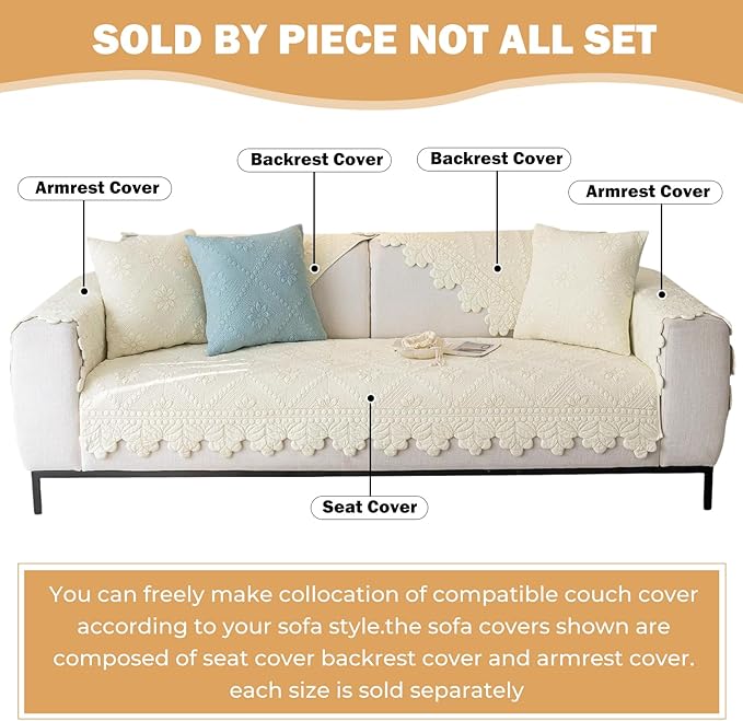 Cotton Quilted Dog Couch Cover for Sofa Farmhouse Rustic Embroidery Sectional Couch Cover Soft Anti-Slip Sofa Slipcover Furniture Protector for Kids, Pets (Ivory,28"x82")