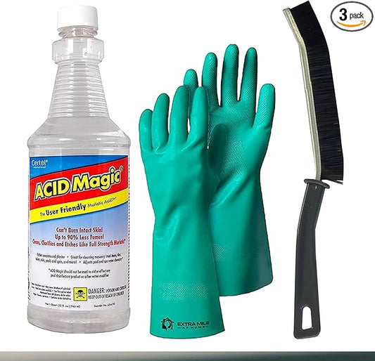 Acid Magic 32 oz Grout Cleaner Bundle with Heavy-Duty Gloves & Grout Brush - 3 Items - Shower Tile Cleaner Removes Limescale, Calcium & Buildup on Swimming Pools and Floors