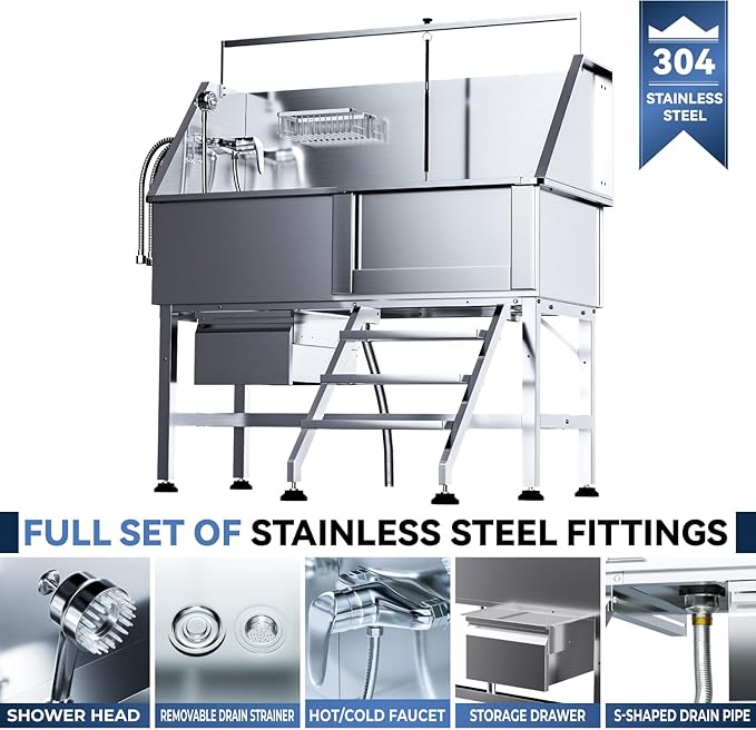 Dog Washing Station for Home,Professional 46" Stainless Steel Dog Bathing Station Height Adjustable Dog Wash Station Dog Grooming Tub Stair, Drawer, Floor Grate & Fauct (Right Stair)
