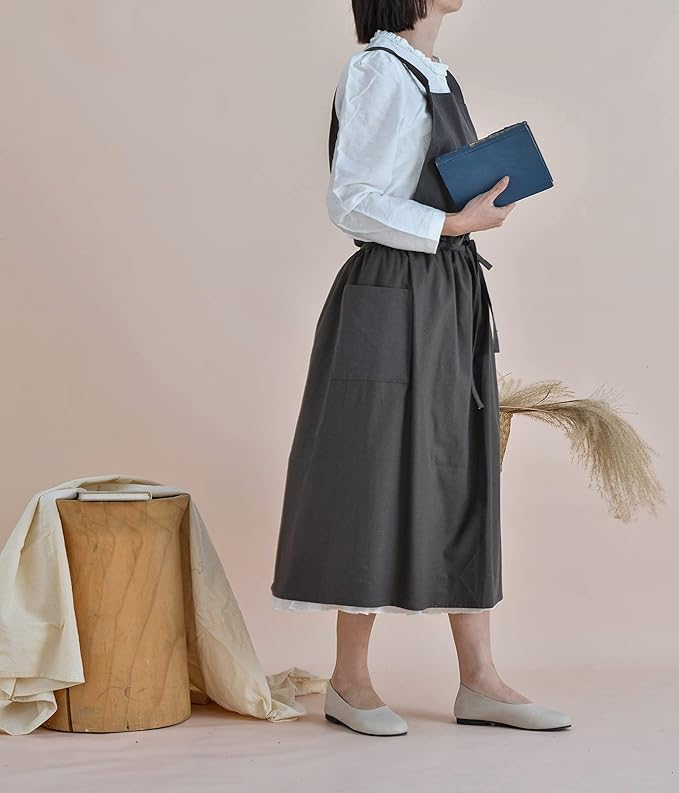 VLZUFE Women Cotton Linen Cross Back Apron with Pockets for Gardening Works Pinafore Dress
