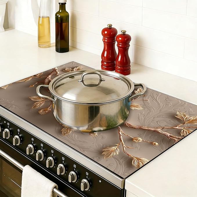 Stove Top Covers for Electric Stove, Oil-Resistant Stove Shield, Wipe-Clean Counter Protector, Multi-Purpose Appliance Pad, 28.3 x 20.5 Inches, Neutral Floral Decor（Peony flower2）