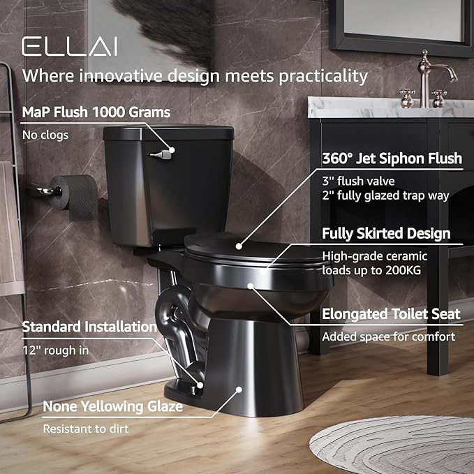 ELLAI Two Piece Elongated Toilets ADA Chair Comfort Height 16.5" Powerful Single Flush 1.28 GPF 12” Rough In with Side Trip Lever, Glossy Black 28.3"x17.2“x31"