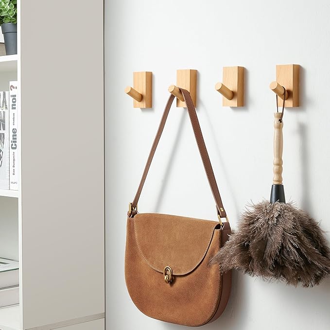 Natural Wooden Wall Hooks, Adhesive & Screw Mount Coat and Towel Hooks - Decorative Key Holder, Hat Rack, Stocking Wall Hangers for Bathroom Entryway Closet - 4 Pack, Beech Wood