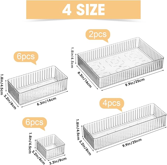 18 Pcs Drawer Organizer Stackable 4 Size Makeup Drawer Organizer Trays Acrylic Bathroom Vanity Storage Bins for Cosmetic, Jewelries, Office Supply, Kitchen Utensils(Clear,Stripes)